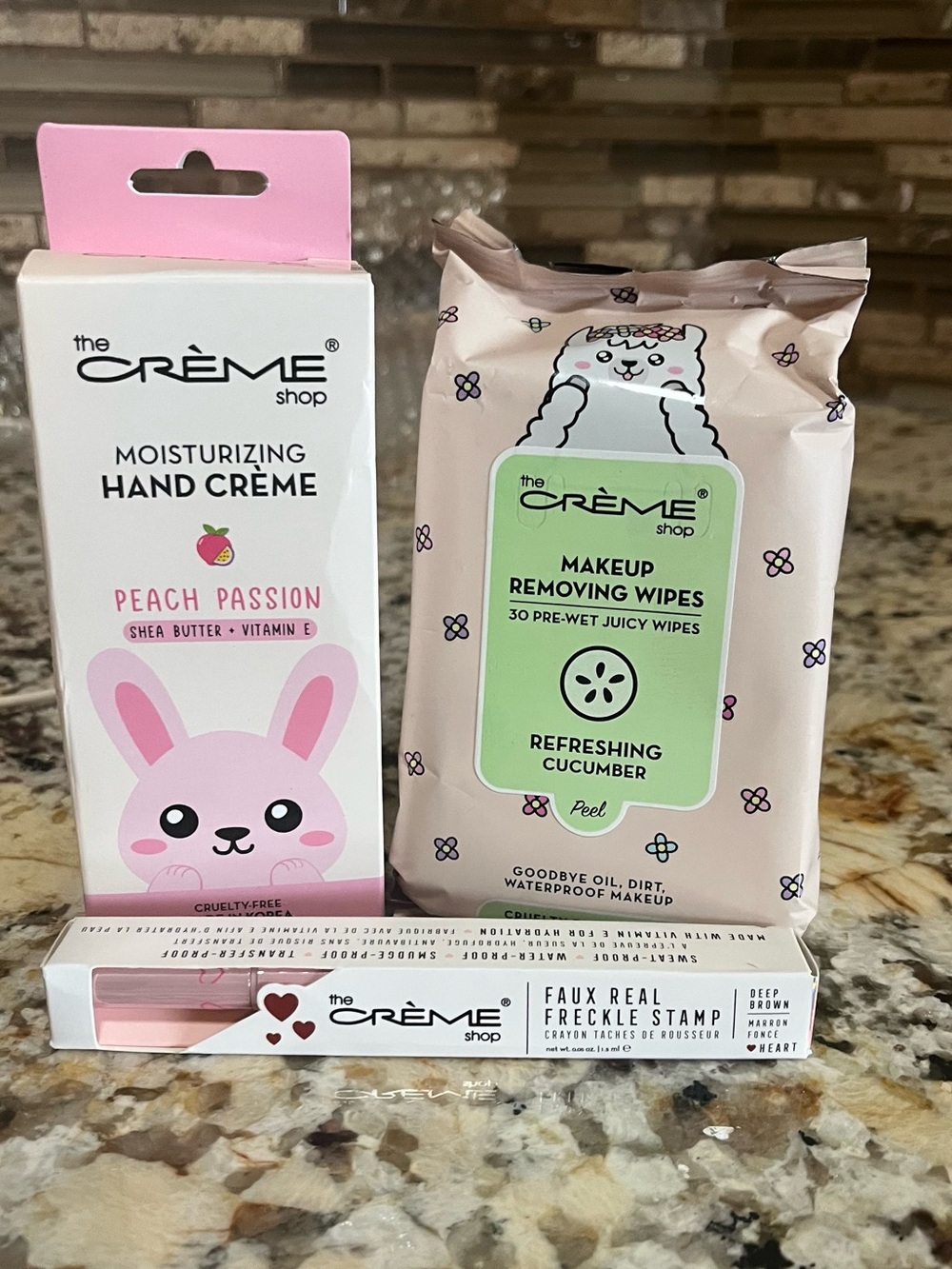 Bundle of hand cream, make up wipes, brown freckle stamp eyeliner the Crème Shop